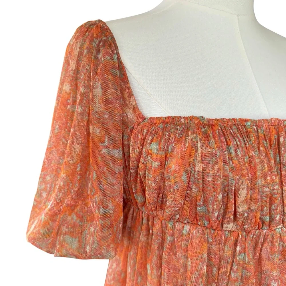 NWT Free People Babydoll Penelope Blouse Women S Peach Floral Short Sleeves Crop